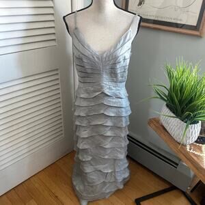 Adrianna Papell Dress 14 Metallic Silver Tiered Evening Classic Elegant Glam